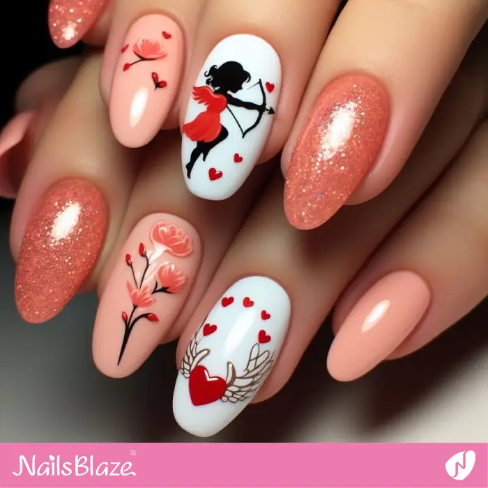 Peach Fuzz Nails with Glitter and Cupid Design | Valentine Nails - NB2353